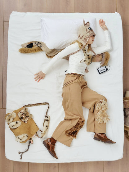 OuttheBlue High Waisted Embroidered Asymmetrical Patchwork Straight Women Camel Pants