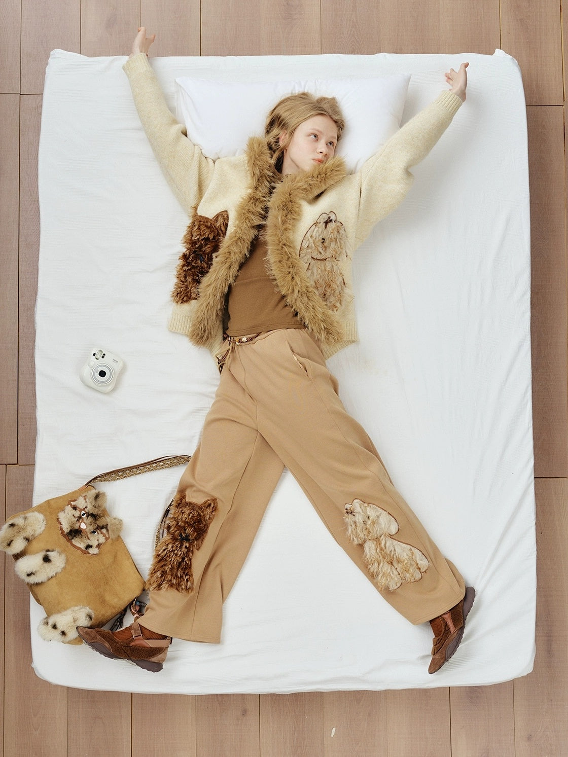 OuttheBlue High Waisted Embroidered Asymmetrical Patchwork Straight Women Camel Pants