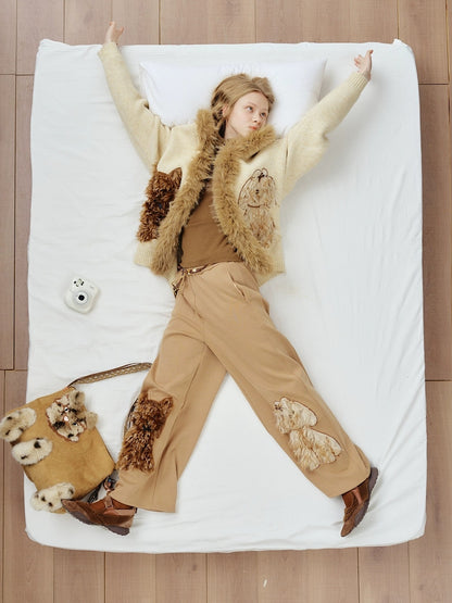 OuttheBlue High Waisted Embroidered Asymmetrical Patchwork Straight Women Camel Pants