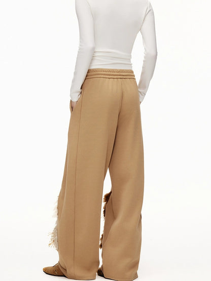 OuttheBlue High Waisted Embroidered Asymmetrical Patchwork Straight Women Camel Pants