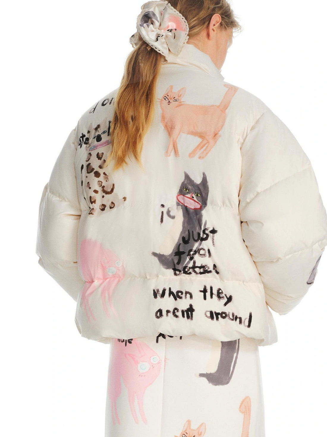 OuttheBlue Impatient Cat Pattern White Duck Down Puffer Jacket