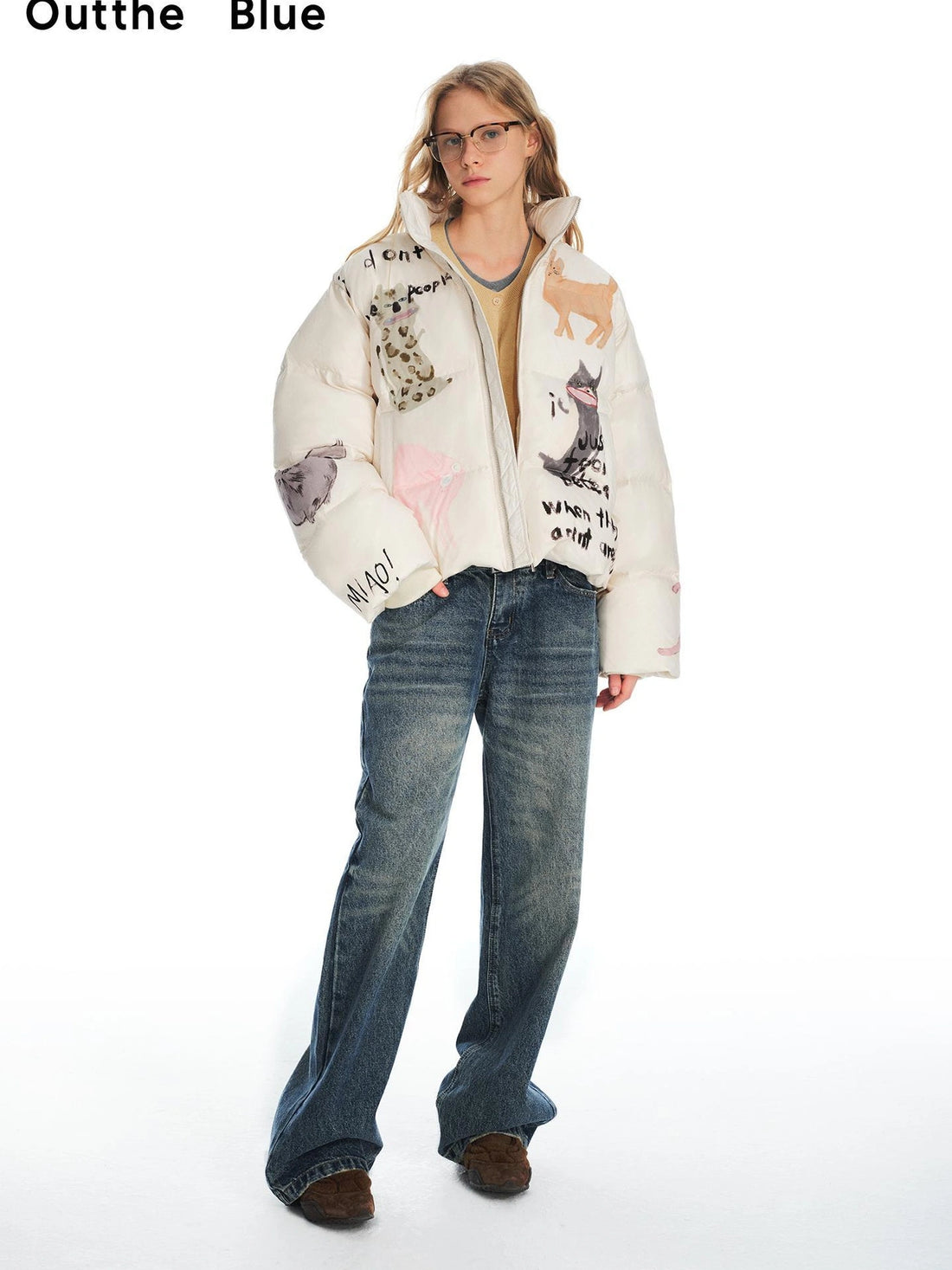 OuttheBlue Impatient Cat Pattern White Duck Down Puffer Jacket