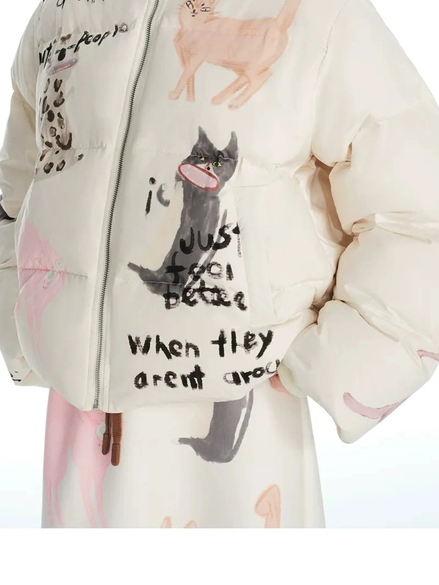 OuttheBlue Impatient Cat Pattern White Duck Down Puffer Jacket