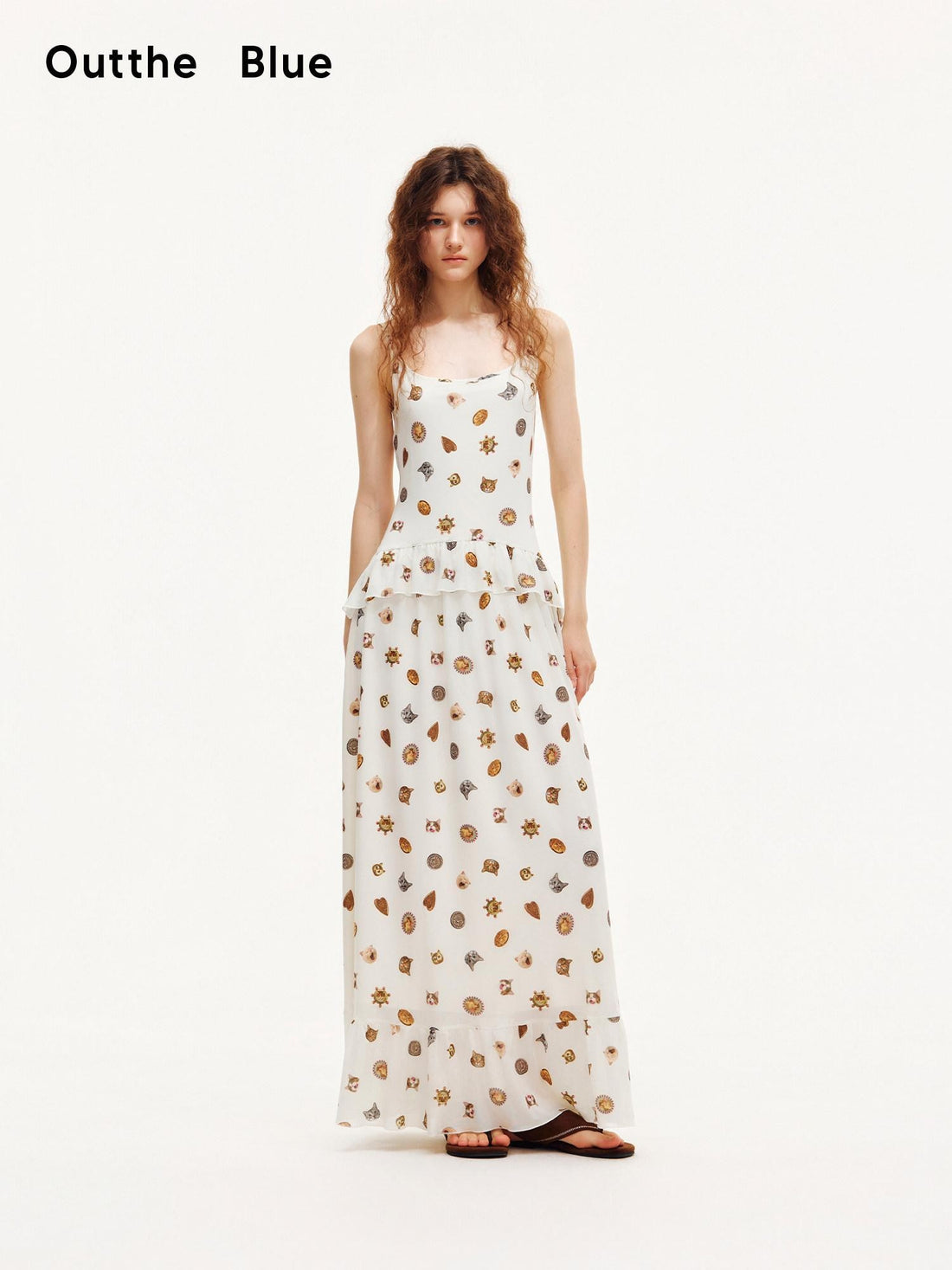 OuttheBlue Ivory Printed Ruffle Aline Fitted Strappy Women&