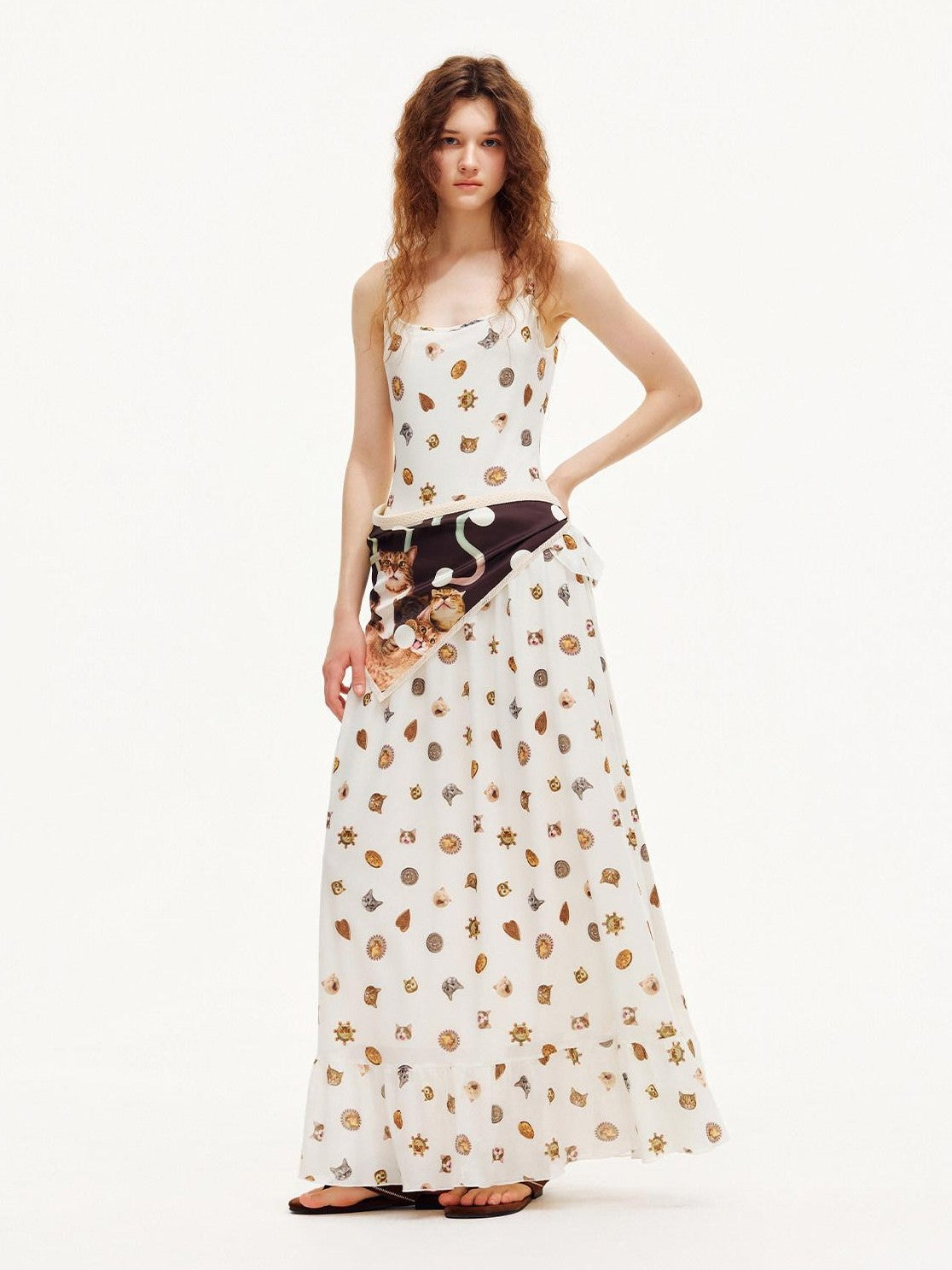 OuttheBlue Ivory Printed Ruffle Aline Fitted Strappy Women&