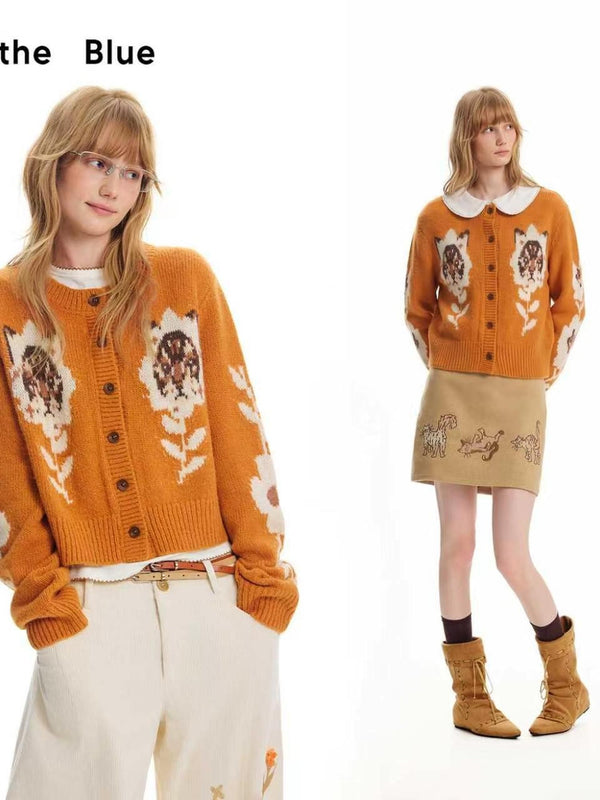 Jacquard Floral Button Cardigan Women's Wool Knit Top & Skirt Sets