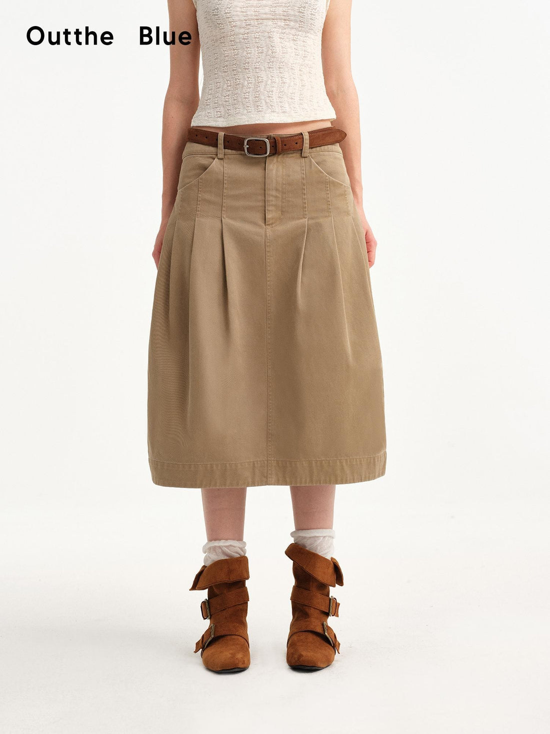 OuttheBlue Khaki Pleated A Line High Waist Women&