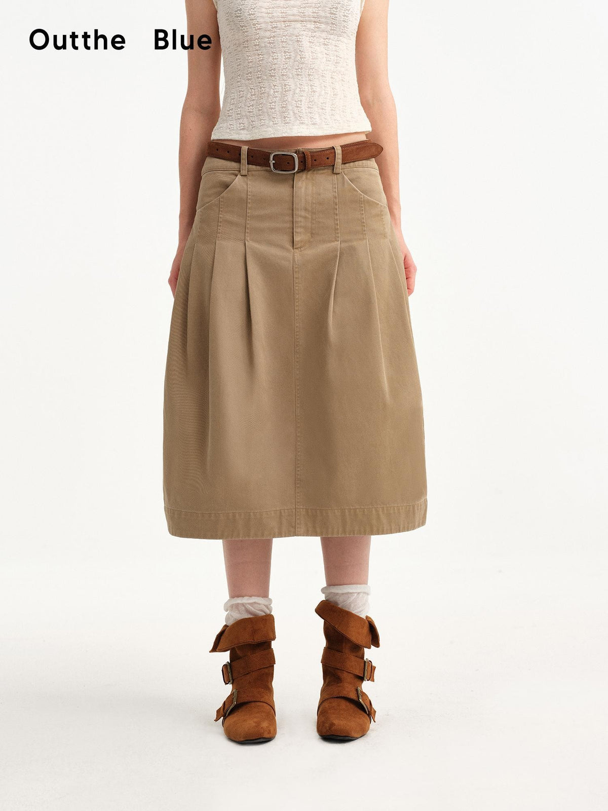 OuttheBlue Khaki Pleated A Line High Waist Women&