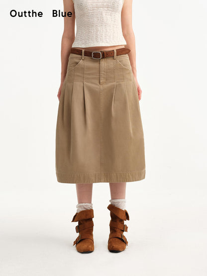 OuttheBlue Khaki Pleated A Line High Waist Women&