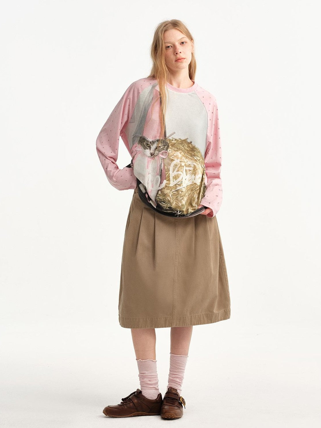 OuttheBlue Khaki Pleated A Line High Waist Women&
