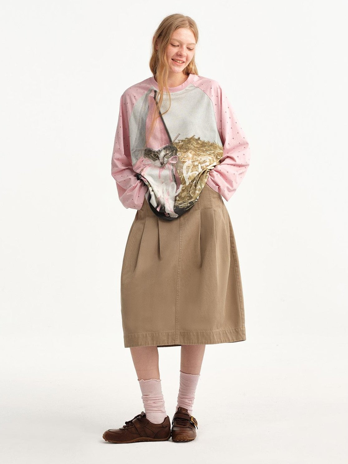 OuttheBlue Khaki Pleated A Line High Waist Women&
