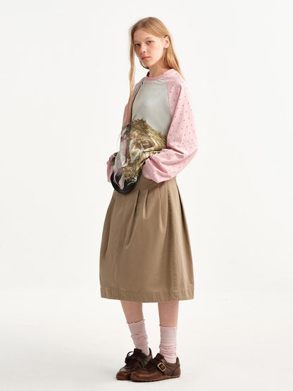 OuttheBlue Khaki Pleated A Line High Waist Women&