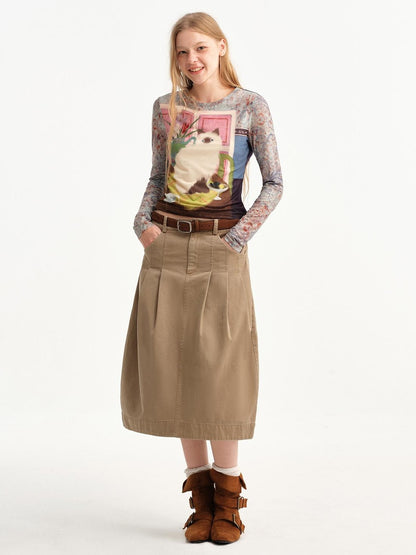 OuttheBlue Khaki Pleated A Line High Waist Women&