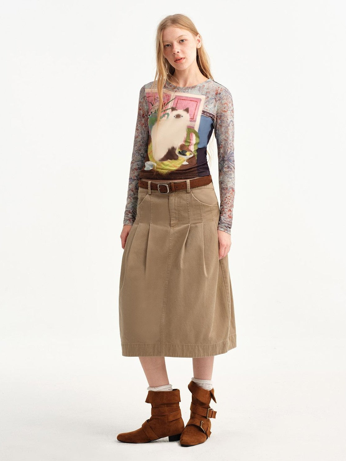 OuttheBlue Khaki Pleated A Line High Waist Women&