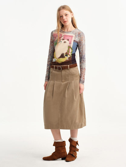OuttheBlue Khaki Pleated A Line High Waist Women&