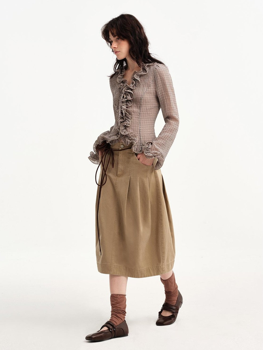 OuttheBlue Khaki Pleated A Line High Waist Women&