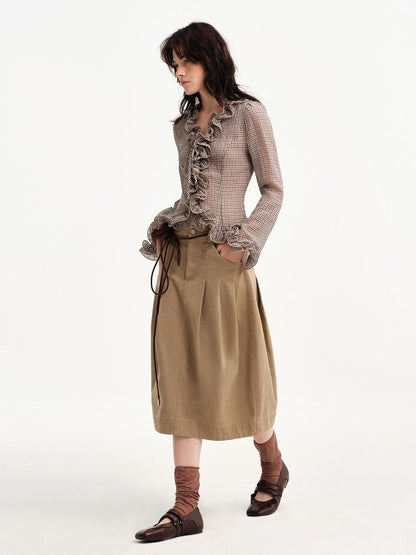 OuttheBlue Khaki Pleated A Line High Waist Women&
