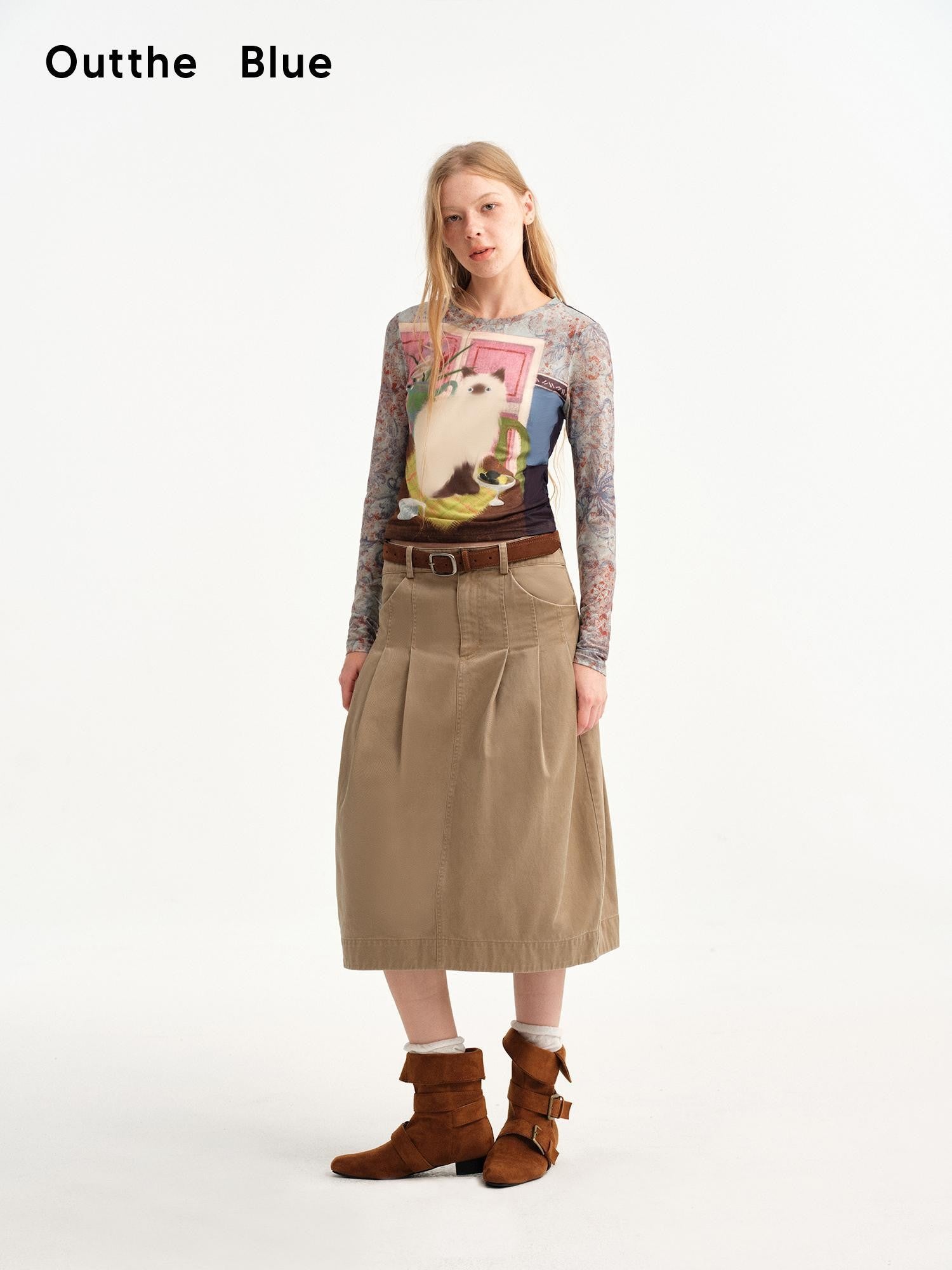 OuttheBlue Khaki Pleated A Line High Waist Women&