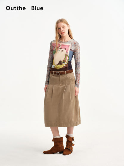 OuttheBlue Khaki Pleated A Line High Waist Women&