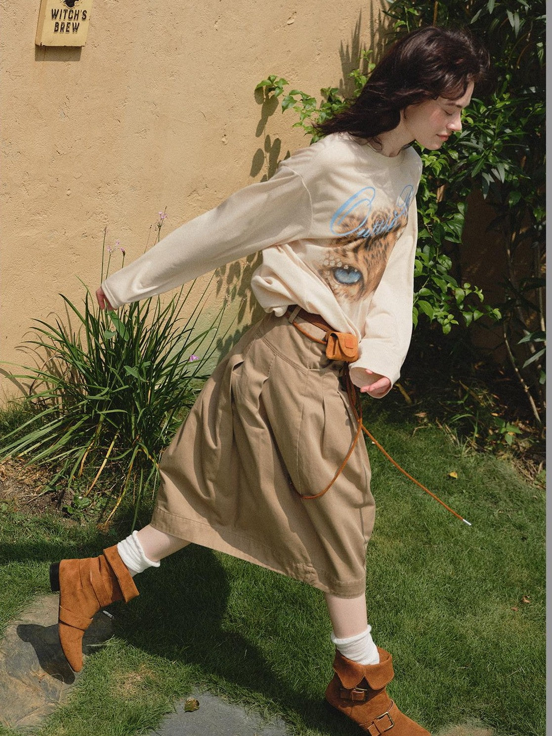OuttheBlue Khaki Pleated A Line High Waist Women&