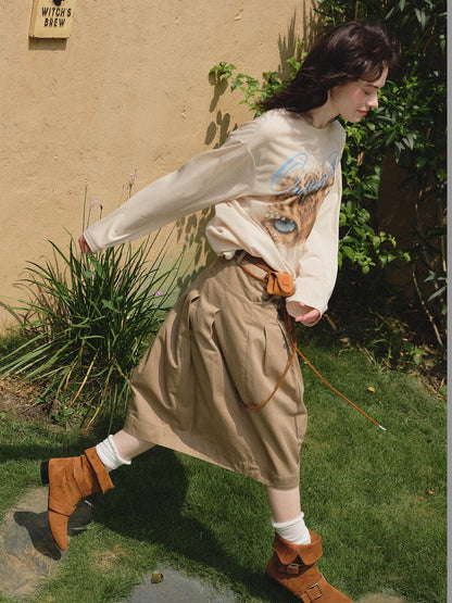 OuttheBlue Khaki Pleated A Line High Waist Women&