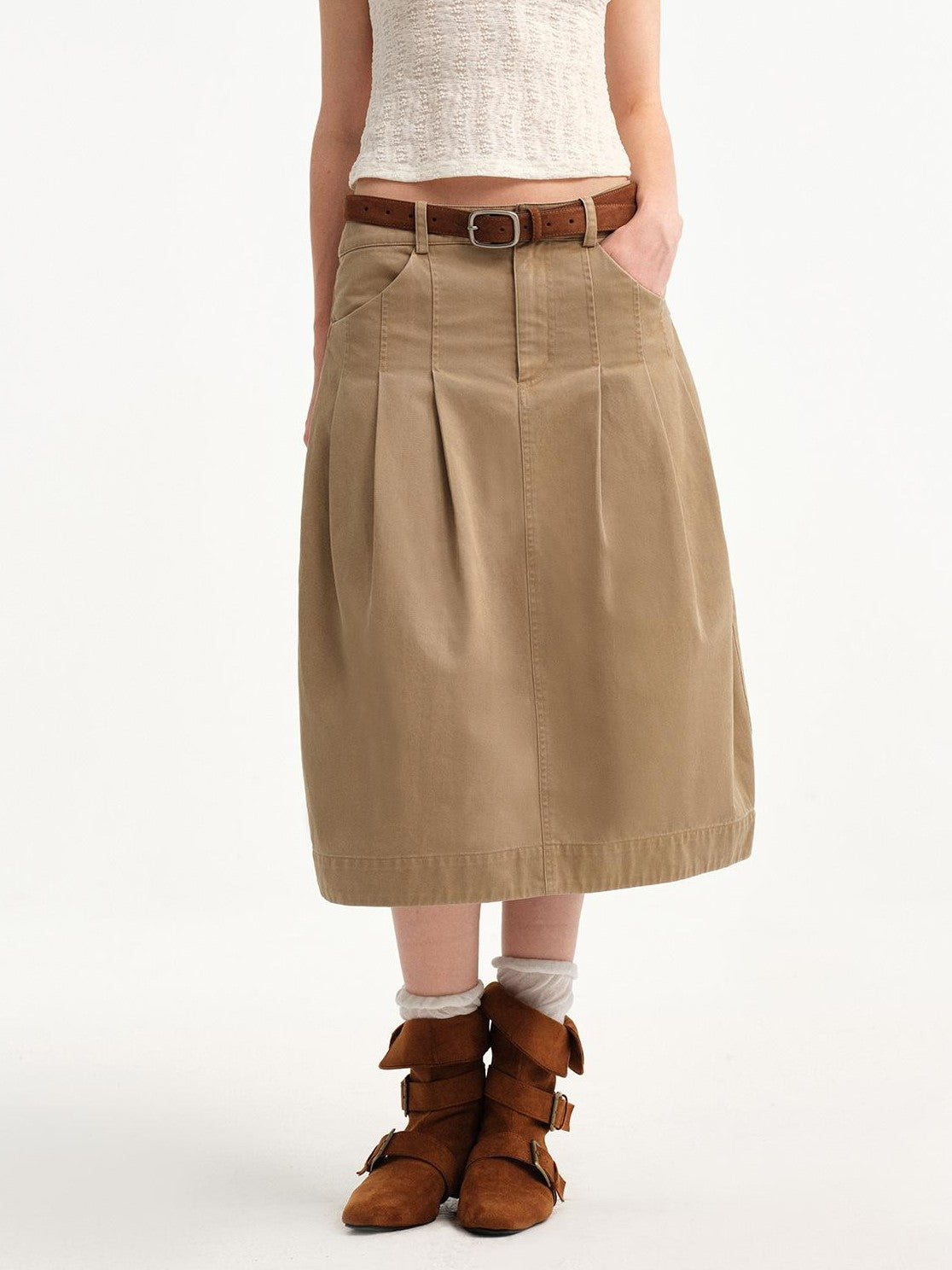 OuttheBlue Khaki Pleated A Line High Waist Women&