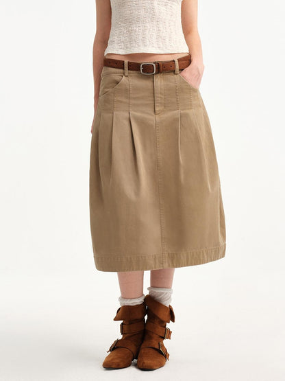 OuttheBlue Khaki Pleated A Line High Waist Women&