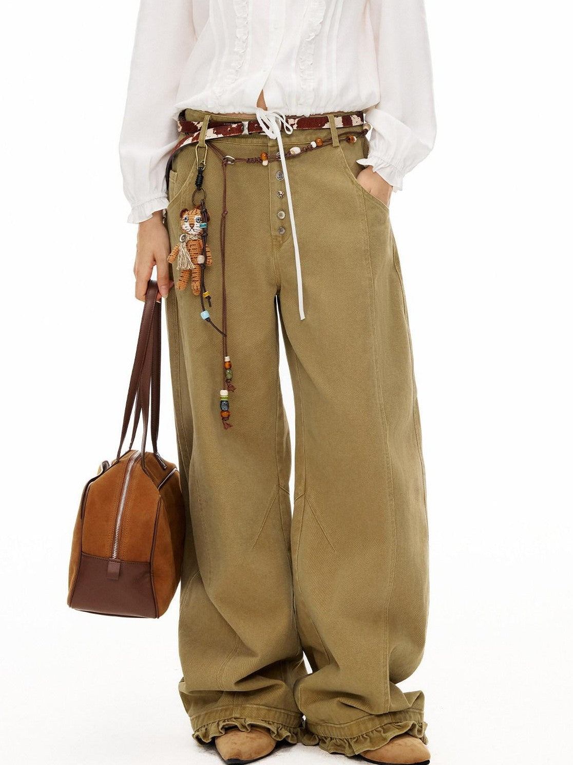 OuttheBlue Khaki Ruffle Trim High Waist Washed Curved Leg Women&