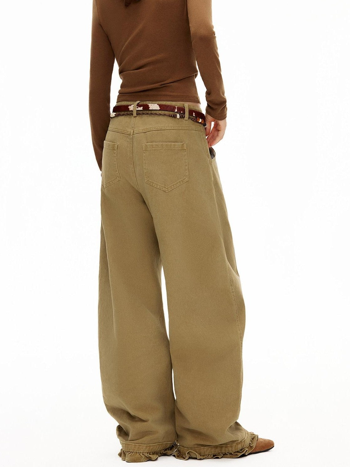 OuttheBlue Khaki Ruffle Trim High Waist Washed Curved Leg Women&