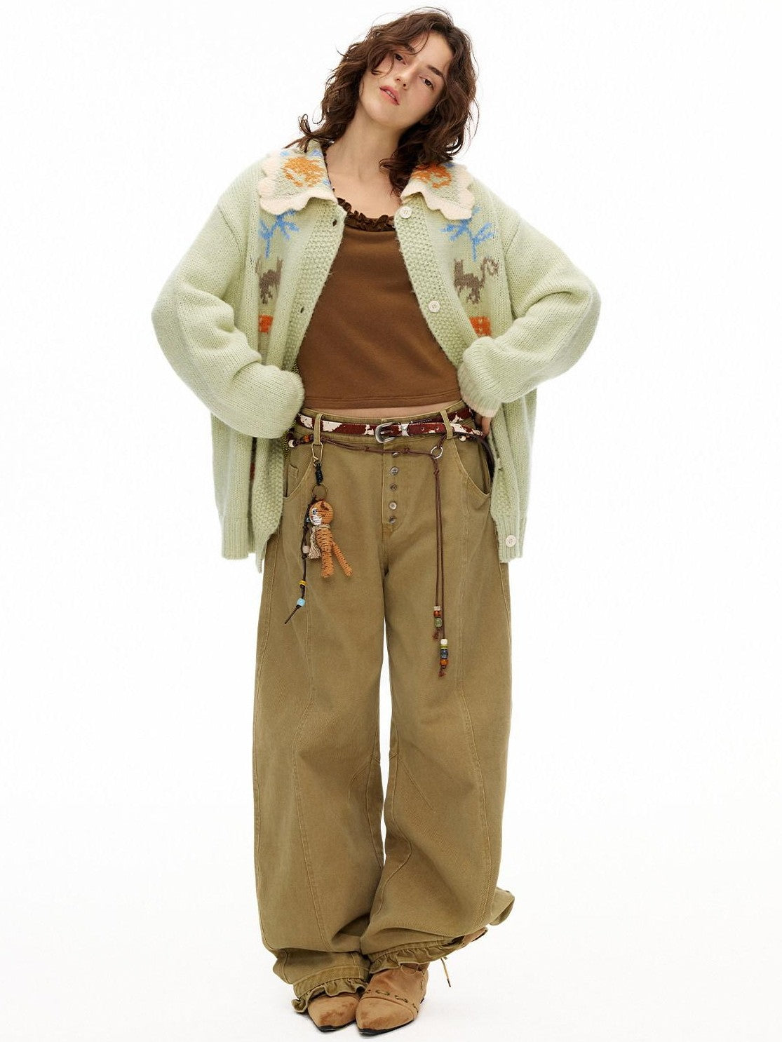 OuttheBlue Khaki Ruffle Trim High Waist Washed Curved Leg Women&