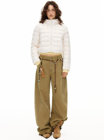 OuttheBlue Khaki Ruffle Trim High Waist Washed Curved Leg Women&