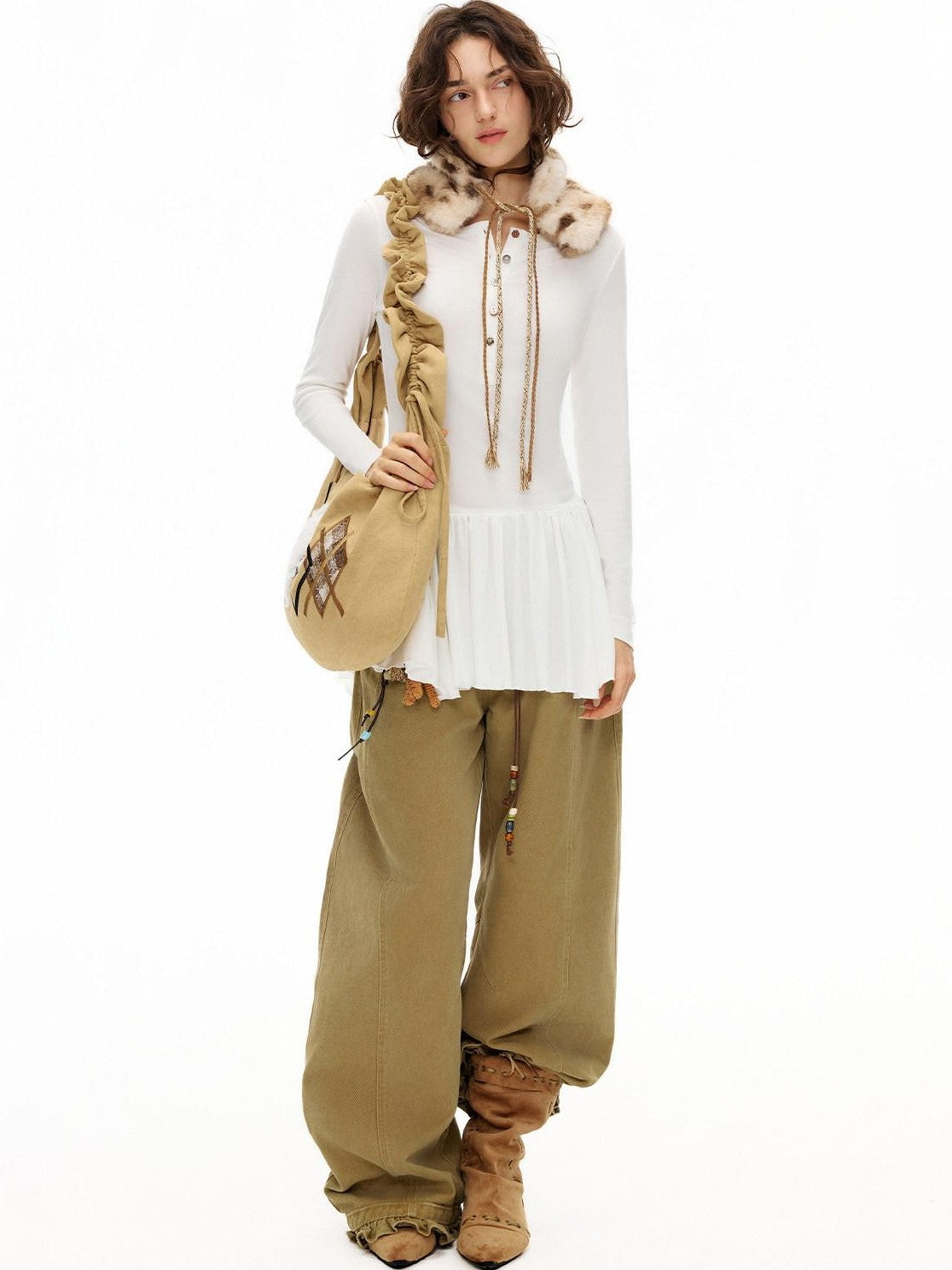 OuttheBlue Khaki Ruffle Trim High Waist Washed Curved Leg Women&