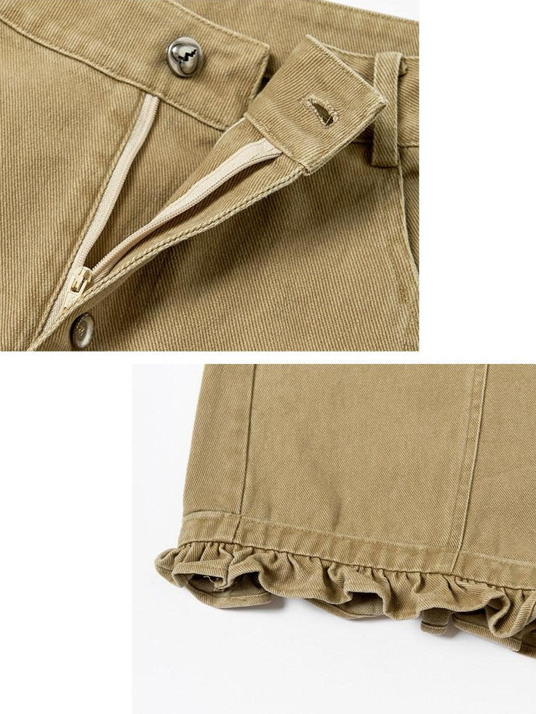 OuttheBlue Khaki Ruffle Trim High Waist Washed Curved Leg Women&
