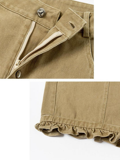 OuttheBlue Khaki Ruffle Trim High Waist Washed Curved Leg Women&