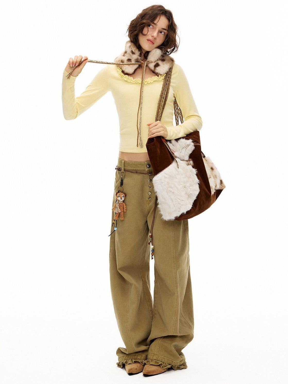 OuttheBlue Khaki Ruffle Trim High Waist Washed Curved Leg Women&