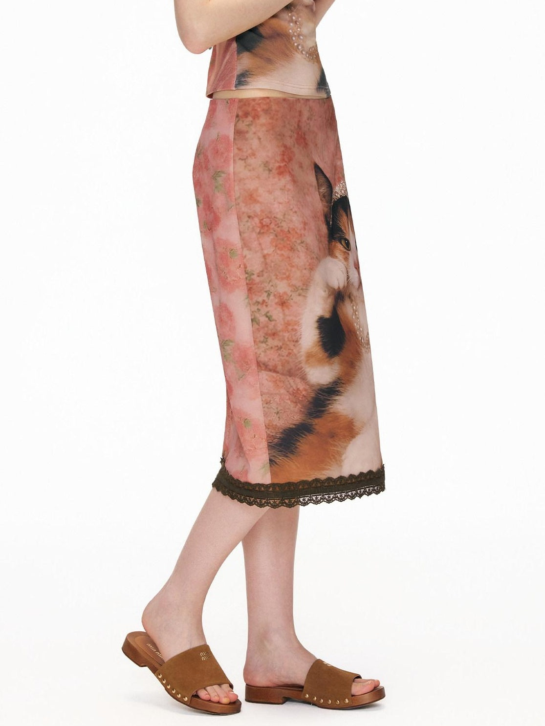OuttheBlue Lace Trim Printed Mid Waist Straight Fit Soft Pink Women Polyester Midi Skirts