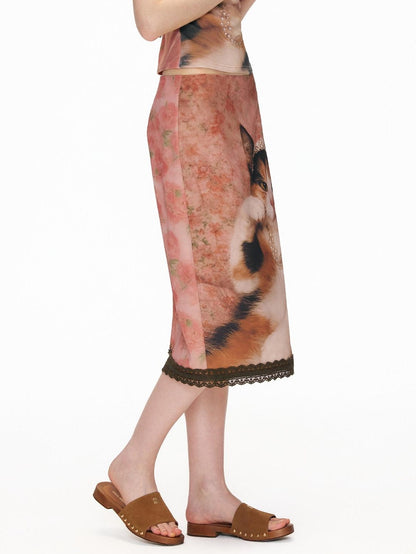 OuttheBlue Lace Trim Printed Mid Waist Straight Fit Soft Pink Women Polyester Midi Skirts