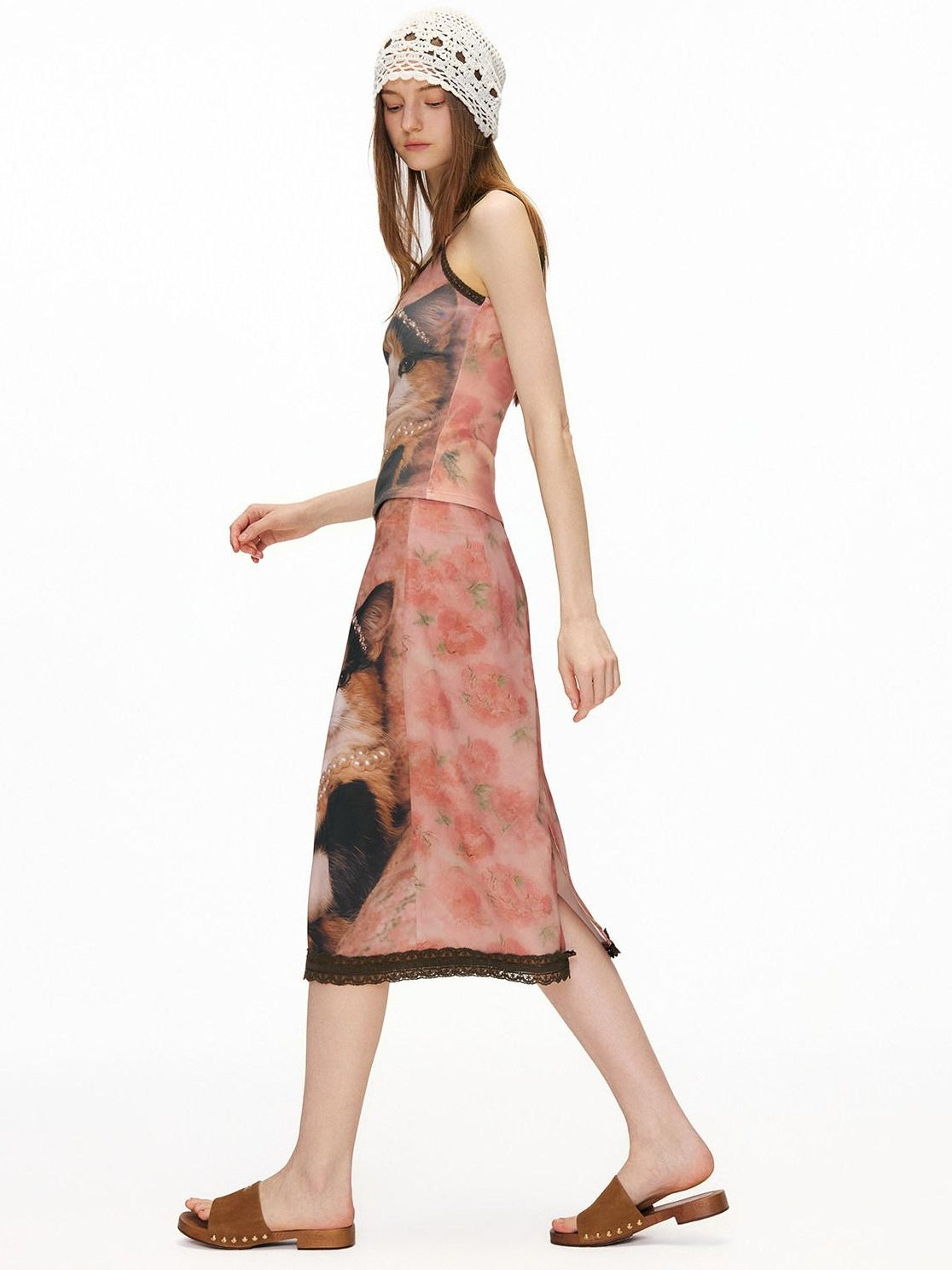 OuttheBlue Lace Trim Printed Mid Waist Straight Fit Soft Pink Women Polyester Midi Skirts