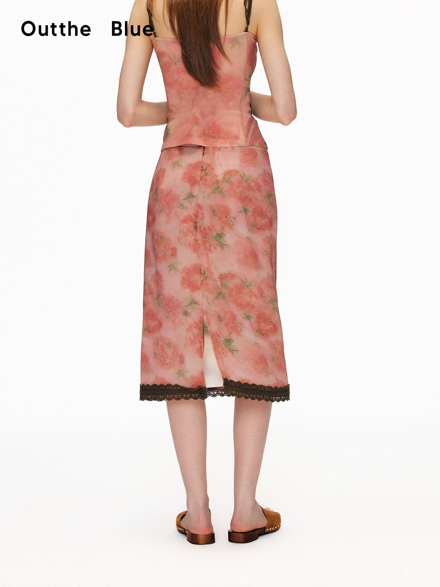 OuttheBlue Lace Trim Printed Mid Waist Straight Fit Soft Pink Women Polyester Midi Skirts