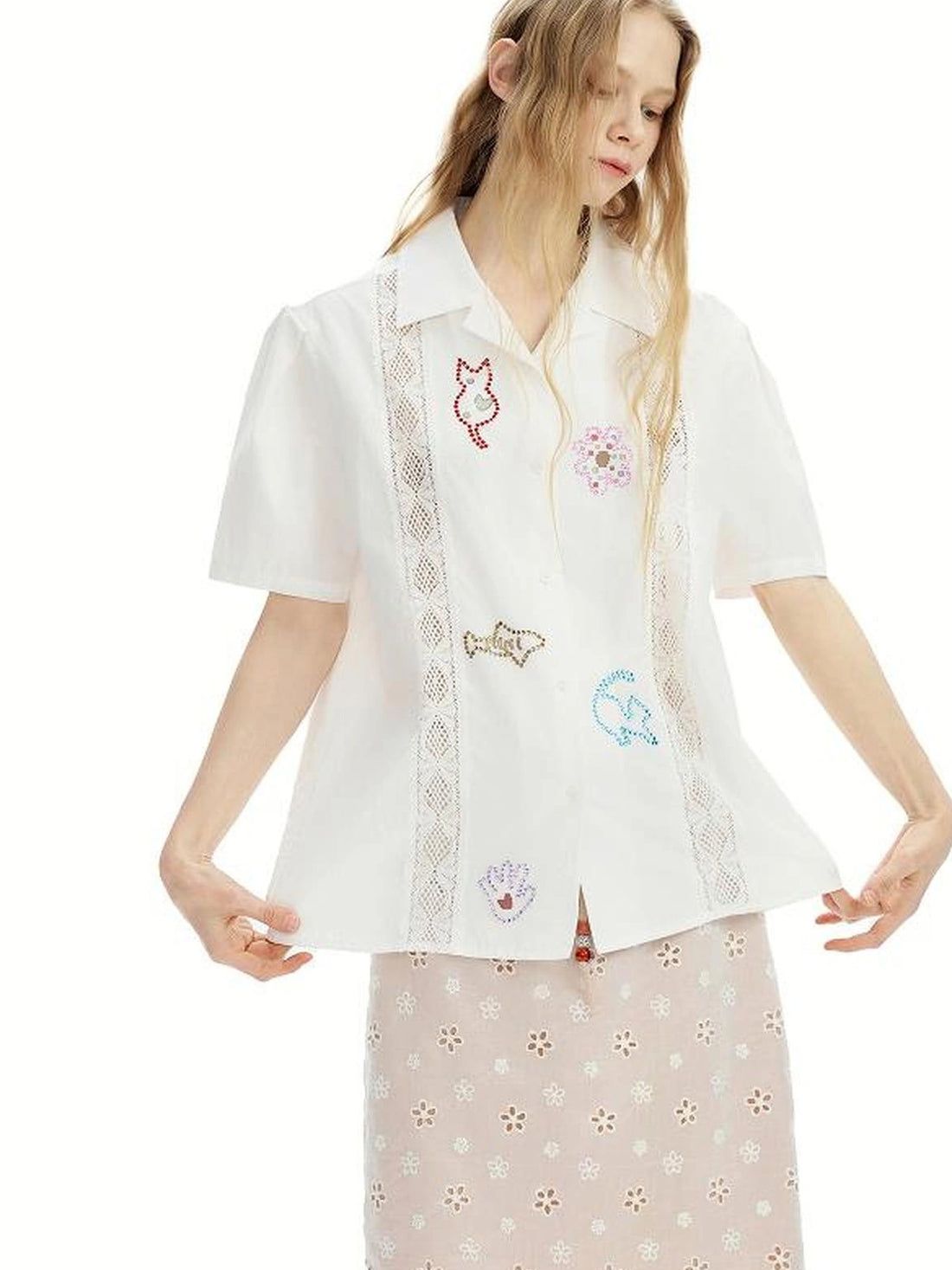 OuttheBlue Lace Trimmed Cuban Collar Shirt With Rhinestones