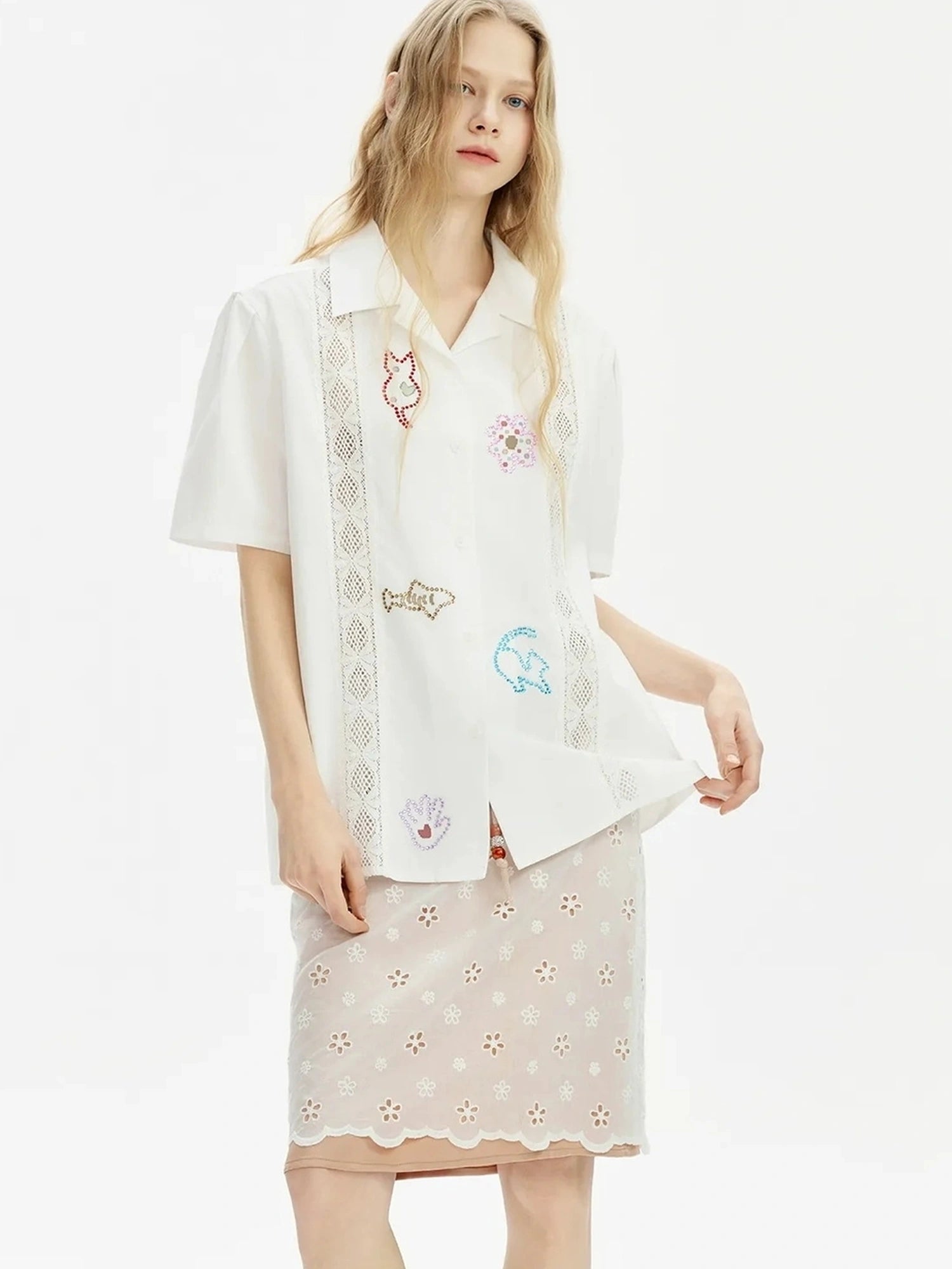 OuttheBlue Lace Trimmed Cuban Collar Shirt With Rhinestones