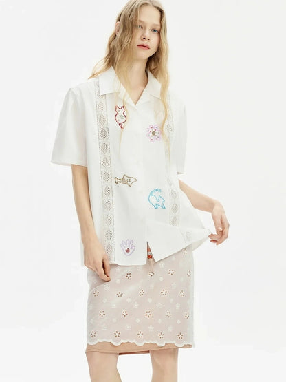 OuttheBlue Lace Trimmed Cuban Collar Shirt With Rhinestones