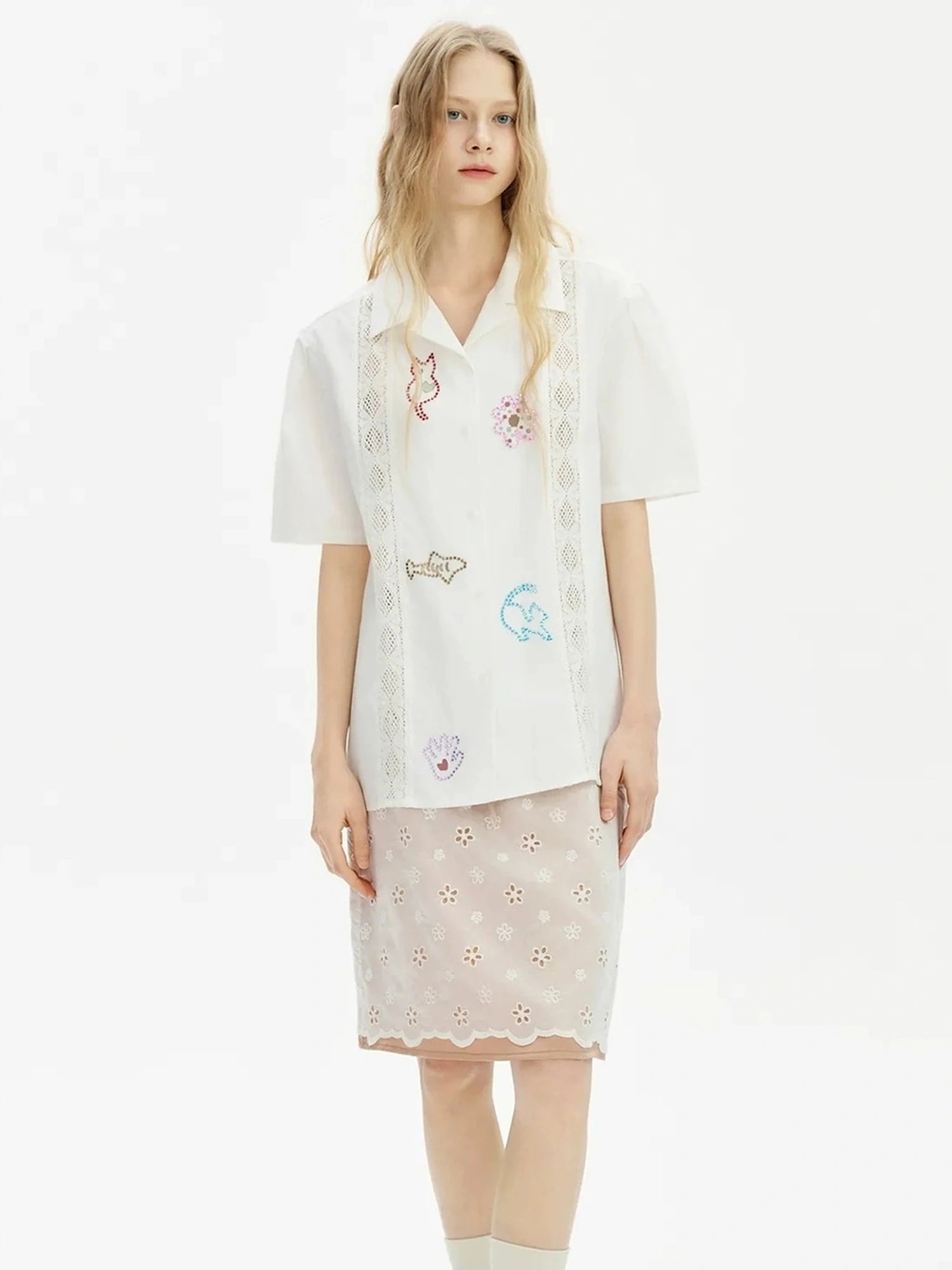 OuttheBlue Lace Trimmed Cuban Collar Shirt With Rhinestones