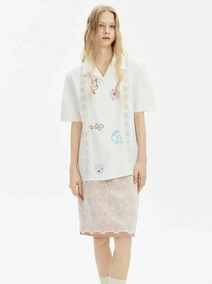 OuttheBlue Lace Trimmed Cuban Collar Shirt With Rhinestones
