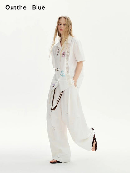 OuttheBlue Lace Trimmed Cuban Collar Shirt With Rhinestones