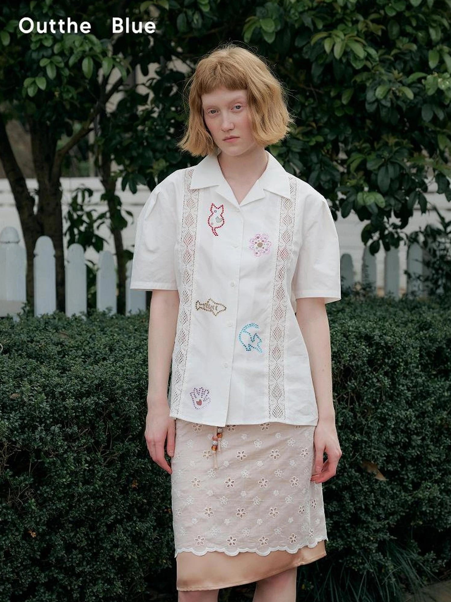 OuttheBlue Lace Trimmed Cuban Collar Shirt With Rhinestones