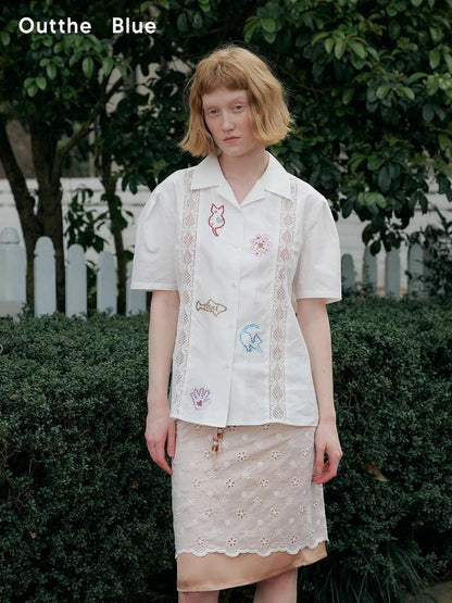 OuttheBlue Lace Trimmed Cuban Collar Shirt With Rhinestones