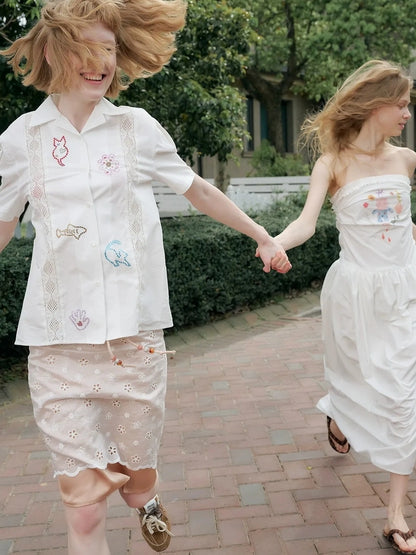 OuttheBlue Lace Trimmed Cuban Collar Shirt With Rhinestones