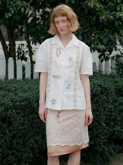 OuttheBlue Lace Trimmed Cuban Collar Shirt With Rhinestones