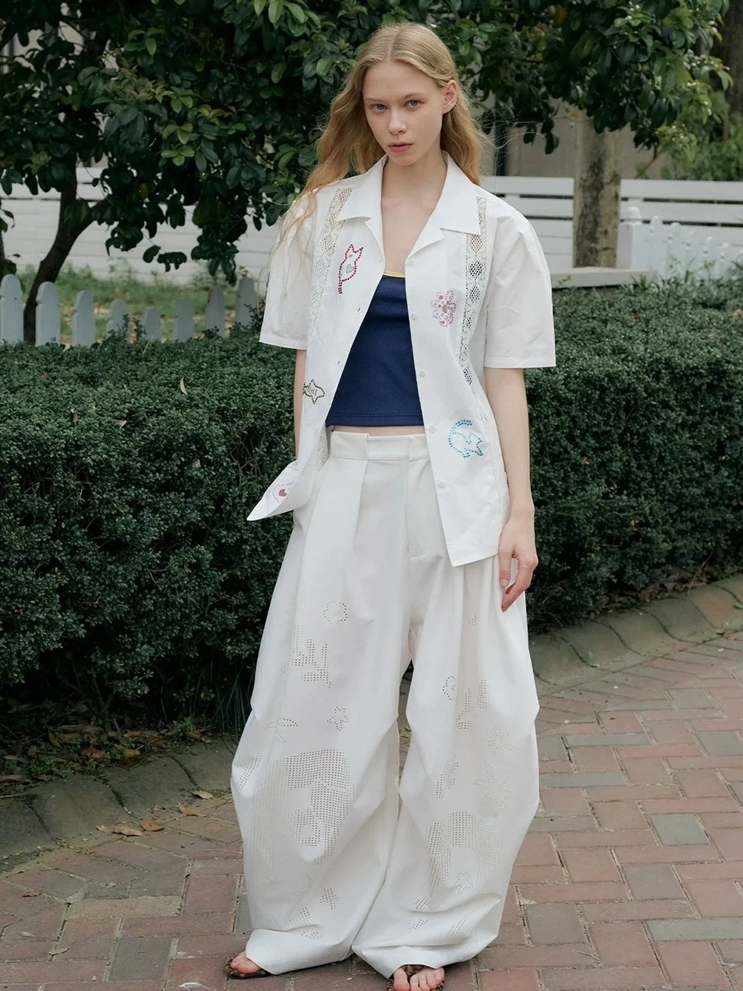 OuttheBlue Lace Trimmed Cuban Collar Shirt With Rhinestones